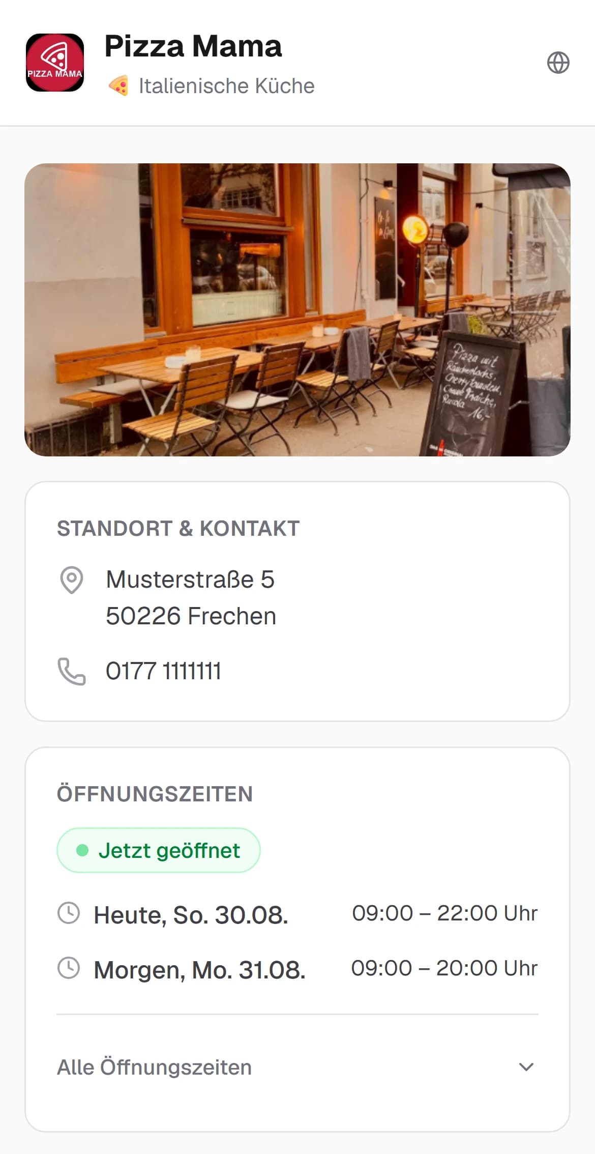 Öffentliche Profilseite eines Restaurants auf dem Handy: Foto, Adresse und Öffnungszeiten